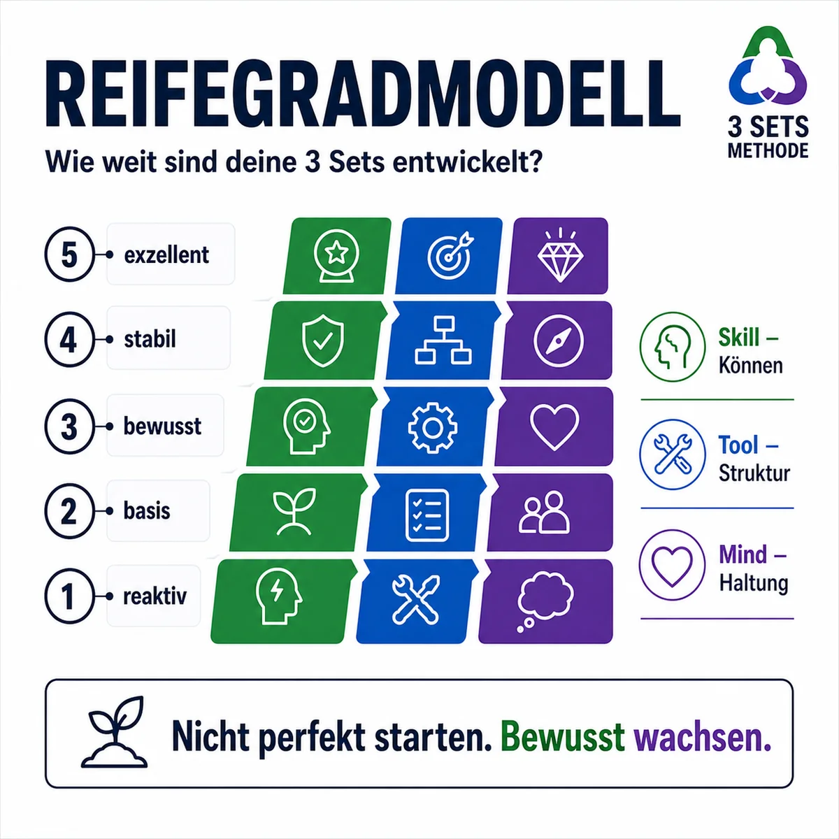 3-Sets Reifegradmodell — Stufen der Reife in Tool, Skill und Mind